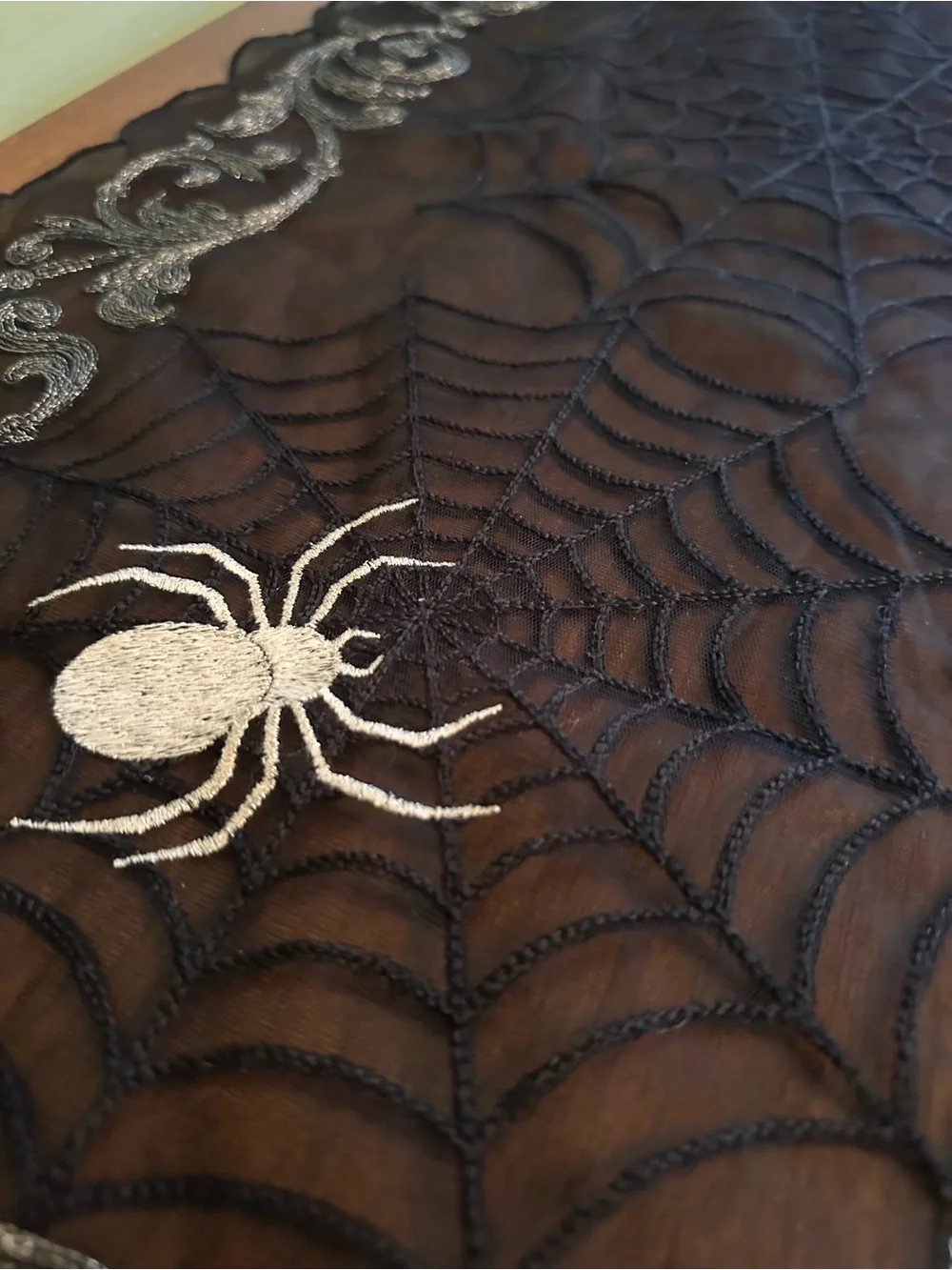 Black Lace Spider Web Table Runner with Silver Embroidery, Halloween, NWT